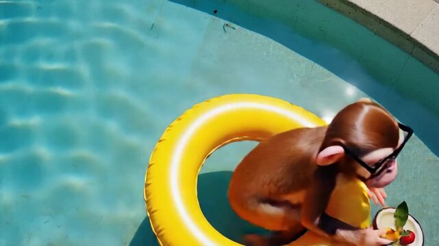 Cheerful monkey with glasses with cocktail and inflatable circle in pool