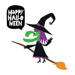 Smiling witch gliding on a broom with a “Happy Halloween” speech bubble. Cheerful spooky graphic for apparel, cards, posters, and decor.