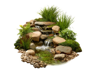 Serene waterfall garden feature with lush greenery and rocks, Isolated On White Background, Png Transparent