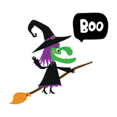 Friendly witch on a broom with a “Boo” speech bubble. Fun, high-contrast Halloween design for shirts, stickers, cards, and party pieces.