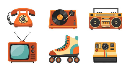 Fototapeta premium Explore the charm of vintage technology and nostalgic items, from a classic telephone and record player to a retro boombox, television, roller skate, and instant camera