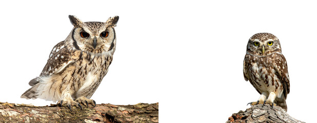 Set of Owl Sitting on Branch, Front View, Isolated on Transparent Background