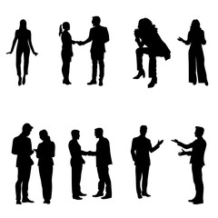 Set of 8 business people - black vector silhouettes. Talking, handshake, presenting, and discussion.