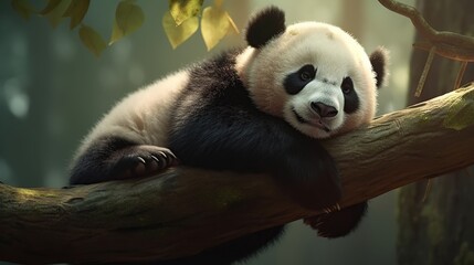 Obraz premium Panda cub resting on branch in forest