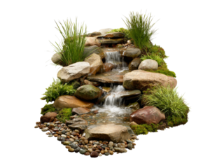 Serene cascading waterfall garden feature rocks plants, Isolated On White Background, Png Transparent
