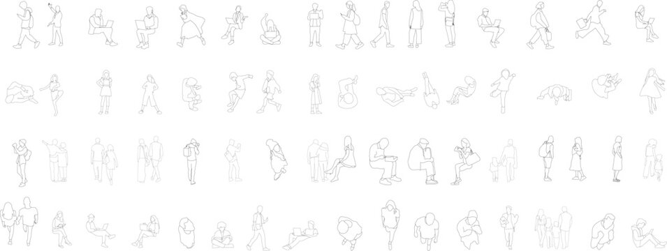 Set of 64 people - silhouettes and line art. Walking, sitting, talking, relaxing, and family activities.