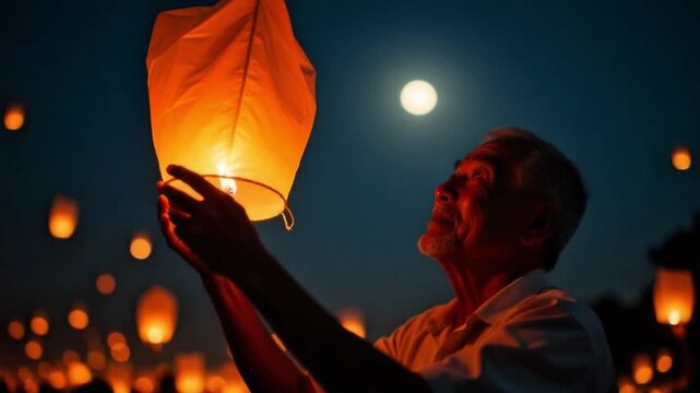 Senior man smiles releasing sky lantern at night during a celebration event outdoors