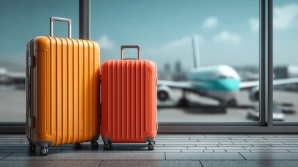 Two modern colorful suitcases standing in airport terminal with airplane on background, travel and vacation concept.