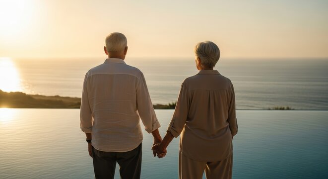 Elderly Couple Holding Hands Watching Sunset Over Ocean in Calm Relaxing Scene