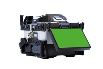 Close up of fiber optic fusion splicer machine with green screen display for telecommunications and network installation