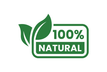 Green 100 percent natural badge with two fresh leaf icons symbolizing organic purity and eco friendly product certification