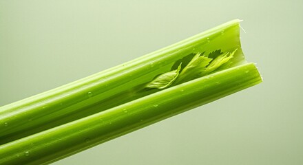 A fresh, green celery stalk with small droplets of water on its surface, partially angled, against a plain green background.
