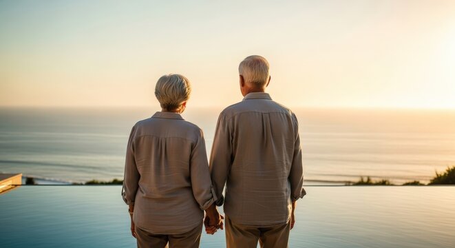 Elderly Couple Holding Hands Watching Sunset Over Ocean at Poolside in Calm Romantic Scene