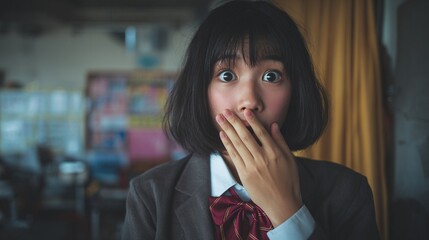 Japanese  shocked asian student girl portrait in uniform covering mouth with hand image
