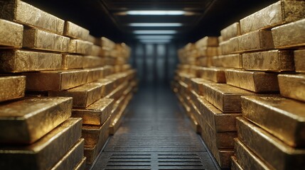 Stacks of shiny gold bars stored in a secure bank vault, symbolizing wealth, financial security, luxury, and investment with a glowing metallic texture