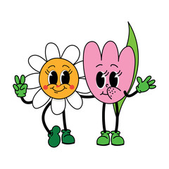 Cute daisy and tulip holding hands with happy faces; playful botanical duo for kids’ designs, stickers, apparel, and classroom decor.