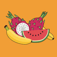 Vibrant tropical fruit mix illustration: dragon fruit, watermelon, and bananas on orange background