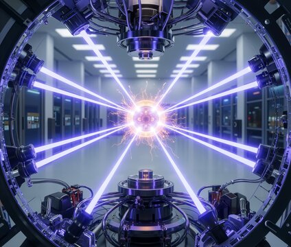 futuristic particle accelerator or fusion reactor. Powerful laser beams converge to create a brilliant core, symbolizing cutting-edge research in physics and the future of clean energy.
