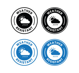 Weather resistant badge vector for product. Weather resistant stamps. Weather protection, liquid proof protection. circular with water drop. Anti wetting material, surface protection.