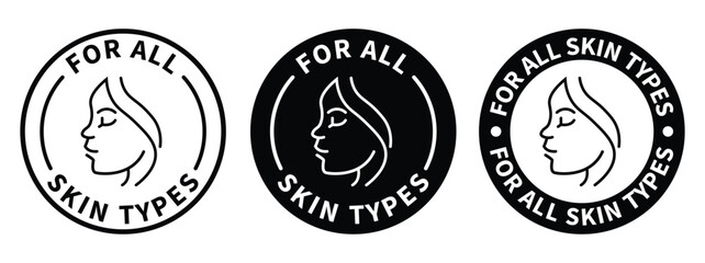 For all skin types label icon set. Face beauty women skin care packaging label for cream, toner, moisturizer, facial mask, lotion, logo, badge, symbol, black, line vector