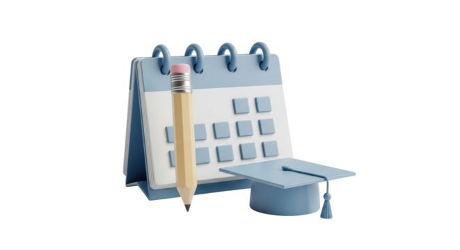 Isolated Graduation Cap with Calendar and Pencil