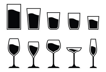 Water glass cup line icon. Glassware and Drinkware icons of beer, wine, alcohol, brandy, martini, champagne, milk, Cocktail, glasses royalty, Vector illustration isolated on transparent background