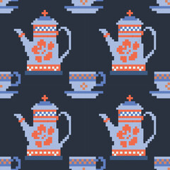 Obraz premium Seamless geometric pattern of cups set, designed for background, decoration, wallpaper, fabric, clothing.