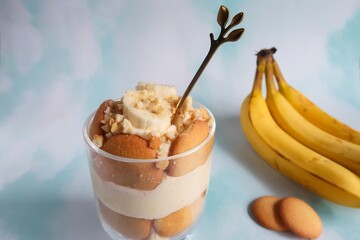 Homemade Vanilla banana cream pudding, selective focus