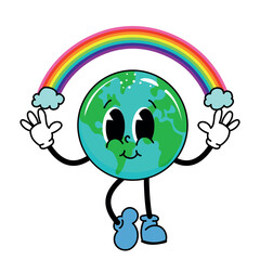 Smiling globe character with a rainbow overhead and waving hands. Kid-friendly eco artwork for Earth Day, education, and sustainability themes.