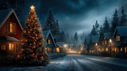 Beautiful snowy village street with glowing Christmas tree, cozy houses, festive lights, and magical winter night atmosphere