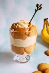 Homemade Vanilla banana cream pudding, selective focus