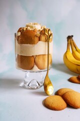 Homemade Vanilla banana cream pudding, selective focus