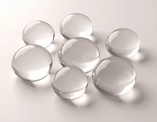 Glossy transparent bubbles floating on white background, clean minimal abstract design