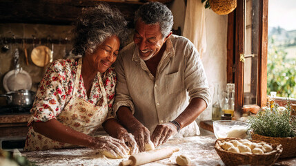 Smiling older couple knead dough in rustic kitchen, floury hands by wooden window, herbs and utensils behind, rolling pin in foreground, warm daylight, concept of family cooking and home warmth