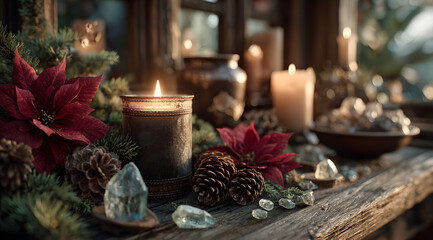Decorative winter solstice altar with flowers and candles