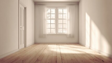Obraz premium A bright empty room with wooden floor and white walls,