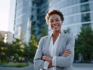 Obraz premium Smiling businesswoman standing with arms crossed in front of office building