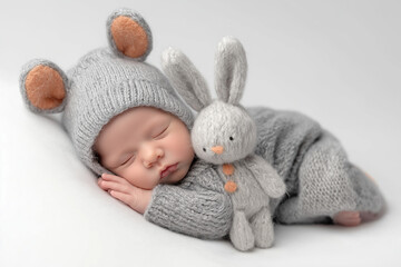 Infant sleeping with bunny toy wearing a knitted bear hat and outfit