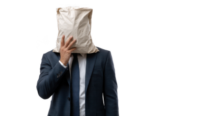 A man in a suit with a paper bag over his head against a black background in a studio shot