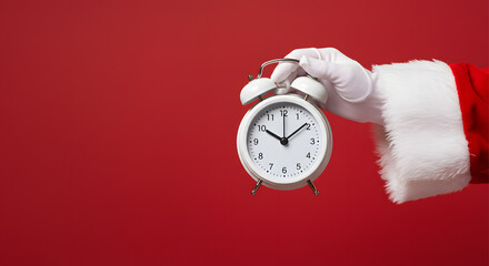 Santa Claus Holding an Alarm Clock on Red Background.