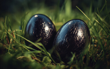 Two shiny black eggs nestled in green grass under soft diffused light