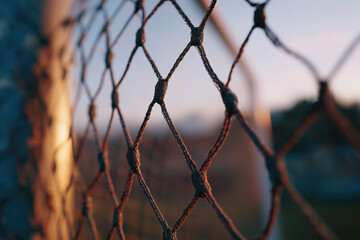 Abstract Close Up Net Texture Golden Hour Sunset Light Blurred Background Sport Goal