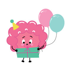 Cheerful intestine holding balloons and a present—festive birthday celebration theme.
