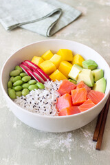 Hawaiian poke bowl with rice, salmon, avocado, radish, edamame and mango. Healthy eating. Diet.