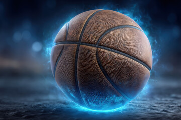 Fototapeta premium Powerful Basketball Blue Electric Energy Glow Dark Abstract Dynamic Sport Game Concept