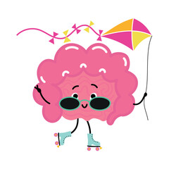 Happy intestine on skates with sunglasses, flying a kite—outdoor, sunny, carefree vibe.