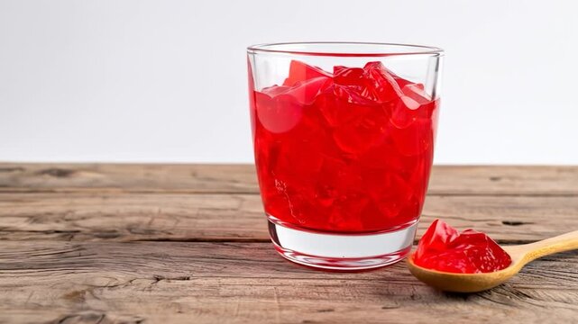Red gelatin dessert in a glass and wooden spoon