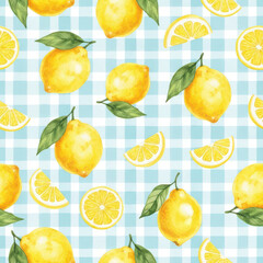 Bright Lemon and Slices Pattern Design with Green Leaves on Blue Gingham Background for Kitchen Textiles, Summer Decor, and Cheerful Surface Designs, Seamless Repeating Pattern
