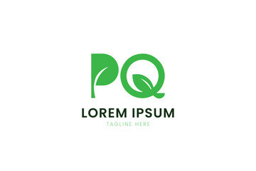 Fototapeta premium Modern minimalist green pq letter logo with leaf element for organic brands