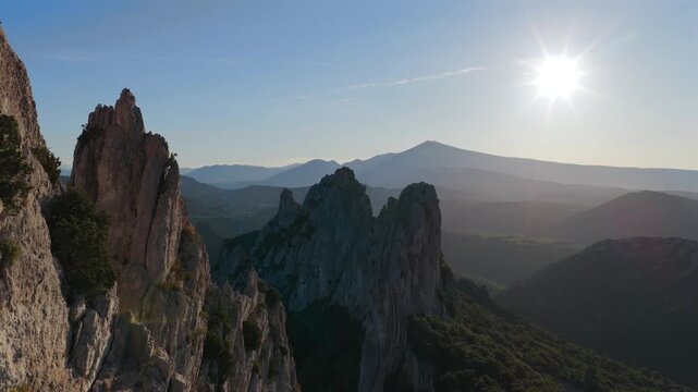 Aerial flyover above the Dentelles de Montmirail in Provence France at Le Mont Ventoux